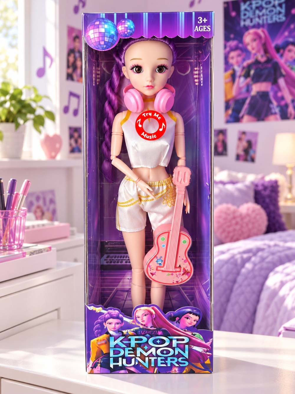 KPOP Demon Hunters Rumi Large Singing Doll – White & Gold Outfit with Guitar